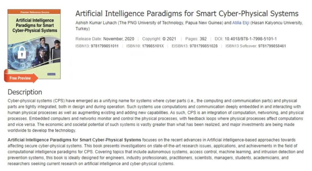 Prof. Dr. Atilla ELÇİ’nin Artificial Intelligence Paradigms for Smart Cyber-Physical Systems adlı kitabı IGI Global tarafından yayınlandı.