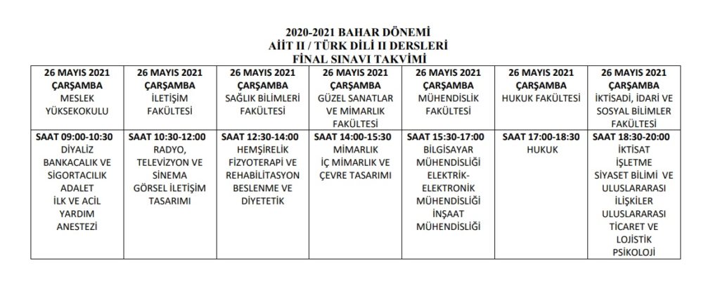 About Make-up Exam Dates of the Atatürk’s Principle and History of Rev. II and Turkish Language and Literature II